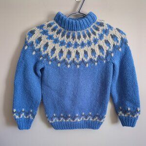 Hand-Knitted Icelandic Wool Sweater Blue Grey White Youth Size 6-7 Approx